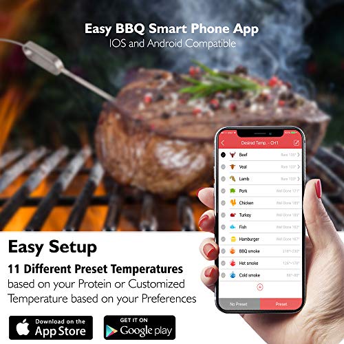 NutriChef Bluetooth Grill BBQ Meat Thermometer Digital Wireless Grill Thermometer, Timer, Alarm, 150 ft Barbecue Cooking Kitchen Food Meat Thermometer for Smoker, Oven