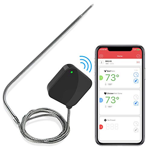 NutriChef Smart Bluetooth BBQ Thermometer - Upgraded Stainless Probe Safe to Leave in Grill, Outdoor Barbecue or Meat Smoker - Wireless Remote Alert iOS Android Phone WiFi App - PWIRBBQ40