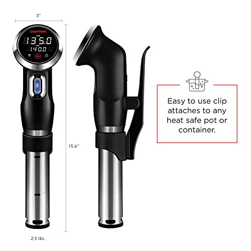 Chefman Sous Vide Immersion Circulator w/ Wi-Fi, Bluetooth & Digital Interface, Touchscreen Display, Sous-Vide Cooker Includes Connected App for Guided Cooking, Adjustable Clamp, 1100 Watts, Black