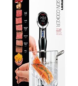 Chefman Sous Vide Immersion Circulator w/ Wi-Fi, Bluetooth & Digital Interface, Touchscreen Display, Sous-Vide Cooker Includes Connected App for Guided Cooking, Adjustable Clamp, 1100 Watts, Black