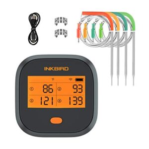 inkbird wifi meat thermometer, wireless grill bbq thermometer with calibration, 4 colored probes, lcd screen, remote monitor digital cooking food oven thermometer