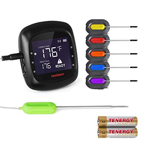 Tenergy Solis Digital Meat Thermometer, APP Controlled Wireless Bluetooth Smart BBQ Thermometer w/ 6 Stainless Steel Probes, Large LCD Display, & Carrying Case, Cooking Thermometer for Grill & Smoker