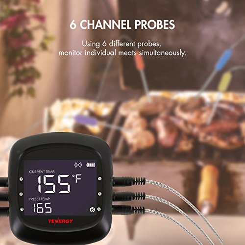 Tenergy Solis Digital Meat Thermometer, APP Controlled Wireless Bluetooth Smart BBQ Thermometer w/ 6 Stainless Steel Probes, Large LCD Display, & Carrying Case, Cooking Thermometer for Grill & Smoker