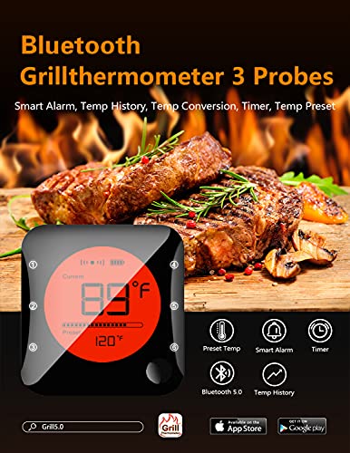 BFOUR Bluetooth Meat Thermometer Wireless Grill Thermometer with 3 Probes, Premium Digital Instant Read Meat Thermometer Food Thermometer Timer Alarm for Smoker, Grill, Oven, Kitchen, Cooking, BBQ