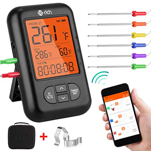 Te-Rich Wireless Meat Thermometer, Bluetooth Digital Food Grill Thermometer [Oven Safe/Timer/App Connected/] with 6 Temperature Probe for Smoker Grilling BBQ Turkey Kitchen Cooking Thermometer