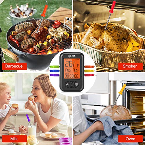 Te-Rich Wireless Meat Thermometer, Bluetooth Digital Food Grill Thermometer [Oven Safe/Timer/App Connected/] with 6 Temperature Probe for Smoker Grilling BBQ Turkey Kitchen Cooking Thermometer