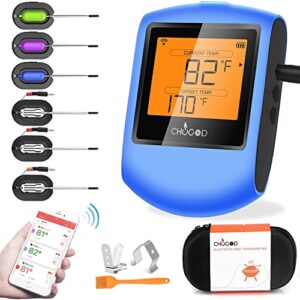 Bluetooth Meat Thermometer, Wireless BBQ Thermometer, Digital Cooking Thermometer for Grilling Smart APP Control with 6 Stainless Steel Probes, Support iOS & Android (Blue)