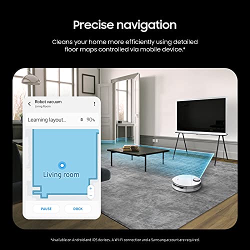 SAMSUNG Jet Bot+ Robot Vacuum Cleaner w/ Clean Station, Automatic Emptying, Precision Cleaning, 5-Layer Filter, Intelligent Power Control for Hardwood Floors, Carpets, Area Rugs, VR30T85513W/AA, White