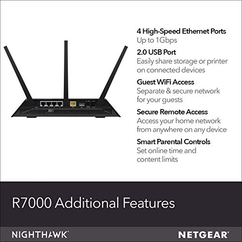 NETGEAR Nighthawk Smart Wi-Fi Router (R7000) - AC1900 Wireless Speed (Up to 1900 Mbps) | Up to 1800 Sq Ft Coverage & 30 Devices | 4 x 1G Ethernet and 2 USB ports | Armor Security