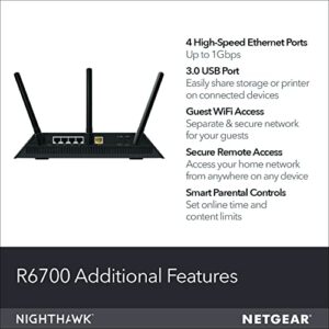 NETGEAR Nighthawk Smart Wi-Fi Router, R6700 - AC1750 Wireless Speed Up to 1750 Mbps | Up to 1500 Sq Ft Coverage & 25 Devices | 4 x 1G Ethernet and 1 x 3.0 USB Ports | Armor Security