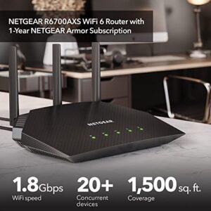 NETGEAR 4-Stream WiFi 6 Router (R6700AXS) – with 1-Year Armor Cybersecurity Subscription - AX1800 Wireless Speed (Up to 1.8 Gbps) | Coverage up to 1,500 sq. ft., 20+ devices, AX WiFi 6 w/ 1yr Security