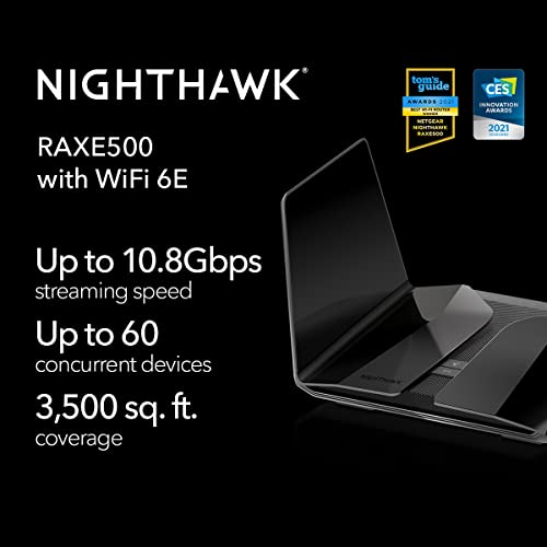 NETGEAR Nighthawk 12-Stream WiFi 6E Router (RAXE500) | AXE11000 Tri-Band Wireless Speed (Up to 10.8Gbps) |New 6GHz Band | Coverage up to 3,500 sq. ft, 60 Devices