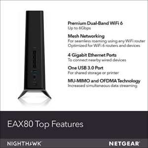 NETGEAR Nighthawk WiFi 6 Mesh Range Extender EAX80 - Add up to 2,500 sq. ft. and 30+ devices with AX6000 Dual-Band Wireless Signal Booster & Repeater (up to 6Gbps speed), plus Smart Roaming