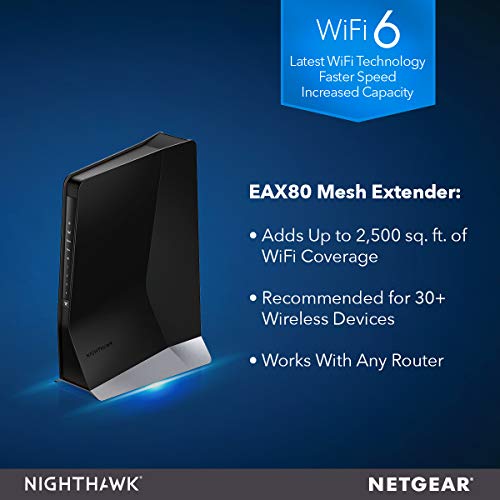 NETGEAR Nighthawk WiFi 6 Mesh Range Extender EAX80 - Add up to 2,500 sq. ft. and 30+ devices with AX6000 Dual-Band Wireless Signal Booster & Repeater (up to 6Gbps speed), plus Smart Roaming