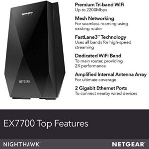 NETGEAR WiFi Mesh Range Extender EX7700 - Coverage up to 2300 sq.ft. and 45 devices with AC2200 Tri-Band Wireless Signal Booster & Repeater (up to 2200Mbps speed), plus Mesh Smart Roaming