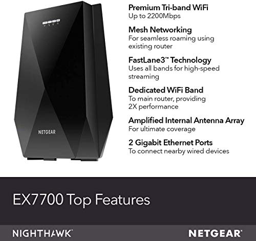 NETGEAR WiFi Mesh Range Extender EX7700 - Coverage up to 2300 sq.ft. and 45 devices with AC2200 Tri-Band Wireless Signal Booster & Repeater (up to 2200Mbps speed), plus Mesh Smart Roaming