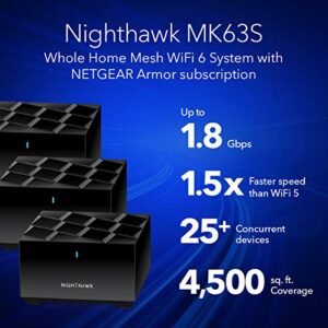 NETGEAR Nighthawk Advanced Whole Home Mesh WiFi 6 System (MK63S) with Free Armor Security – AX1800 Router with 2 Satellite Extenders, Coverage up to 4,500 sq. ft. and 25+ devices