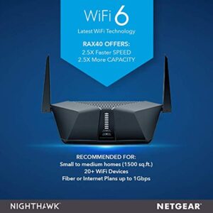 NETGEAR Nighthawk AX4 4-Stream WiFi 6 Router (RAX40) - AX3000 Wireless Speed (up to 3Gbps) | 1,500 Sq Ft Coverage | Coverage for Small-to-Medium Homes | 4 x 1G Ethernet and 1 x 3.0 USB ports (Renewed)