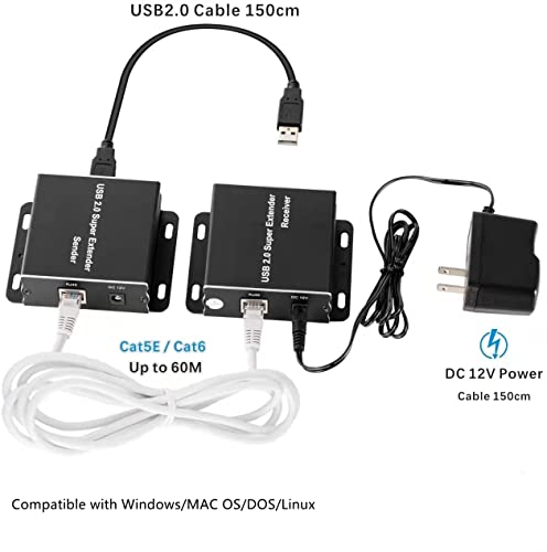 E-SDS USB Extender Over Cat5E/6 up to 196ft, USB2.0 Over Cat6 Cat5E Extender with 4 USB 2.0 Ports, Plug and Play, No Driver Needed Support All Operating System, Two Web Cameras Work Synchronously