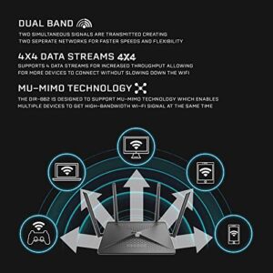 D-Link WiFi Router, AC2600 MU-MIMO Dual Band Gigabit 4K Streaming and Gaming with USB Ports, 4x4 Wireless Internet for Home (DIR-882-US), Black