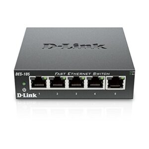 d-link fast ethernet switch, 5 port unmanaged 10/100 metal fanless desktop or wall mount design (des-105)