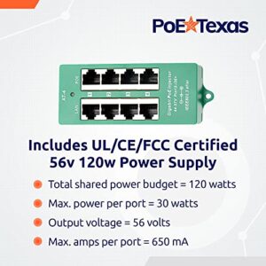 PoE Texas 4 Port PoE/PoE+ Injector with 56V 120W Power Supply - Gigabit Injector - Active Mode A Power Over Ethernet Multi Port PoE Adapter - Supports 4 PoE (802.3af or at) up to 60 watts