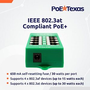 PoE Texas 4 Port PoE/PoE+ Injector with 56V 120W Power Supply - Gigabit Injector - Active Mode A Power Over Ethernet Multi Port PoE Adapter - Supports 4 PoE (802.3af or at) up to 60 watts