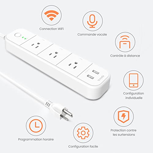 Tenda SP15 Smart WI-FI Plug Smart Power Strip, Surge Protector with 3 Individually Controlled Smart Outlets and 2 USB Ports, Surge Protection, Alexa Voice Control and Google Home, 1875W|15A|White