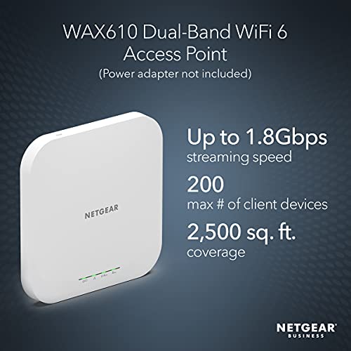 NETGEAR Cloud Managed Wireless Access Point (WAX610) - WiFi 6 Dual-Band AX1800 Speed | Up to 200 Client Devices | 802.11ax | Insight Remote Management | PoE+ Powered or AC Adapter (not included)