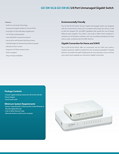 D-Link Ethernet Switch, 5 Port Unmanaged Gigabit Desktop Plug and Play Compact Design White (GO-SW-5G)