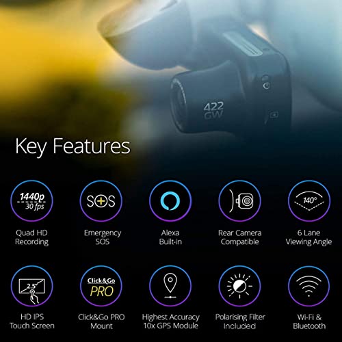 Nextbase 422GW Dash Cam - 1440p HD Recording in Car Camera - Wi-fi GPS Bluetooth Alexa Enabled - Parking Mode - Night Vision - Loop Recording - Automatic Power and Crash Detection