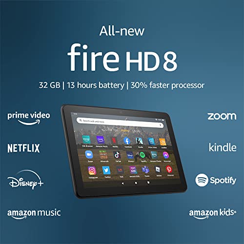 All-new Amazon Fire HD 8 tablet, 8” HD Display, 32 GB, 30% faster processor, 2GB RAM, and Luna Controller, (2022 release), Black