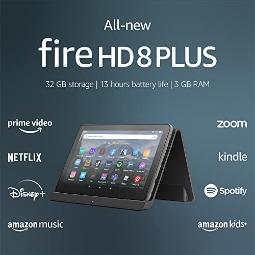 All-new Amazon Fire HD 8 Plus tablet, 8” HD Display, 32 GB, 3GB RAM, 30% faster processor, and Made for Amazon Wireless Charging Dock, (2022 release), Gray