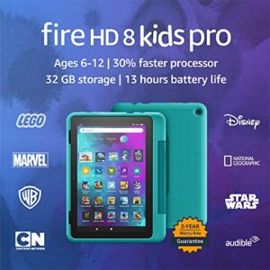 all-new amazon fire hd 8 kids pro tablet, 8″ hd display, ages 6-12, 30% faster processor, 13 hours battery life, kid-friendly case, 32 gb, (2022 release), hello teal
