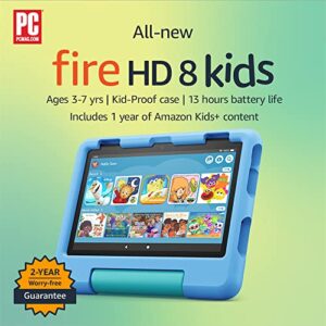 all-new amazon fire hd 8 kids tablet, 8″ hd display, ages 3-7, includes 2-year worry-free guarantee, kid-proof case, 32 gb, (2022 release), blue