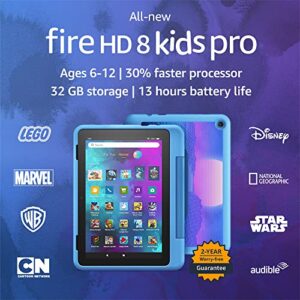 all-new amazon fire hd 8 kids pro tablet, 8″ hd display, ages 6-12, 30% faster processor, 13 hours battery life, kid-friendly case, 32 gb, (2022 release), cyber blue