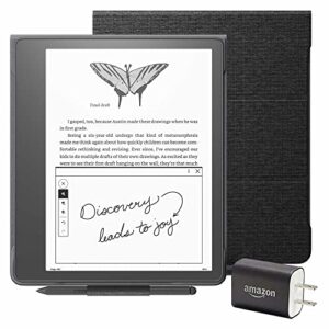 kindle scribe essentials bundle including kindle scribe (64 gb), premium pen, fabric folio cover with magnetic attach – black, and power adapter
