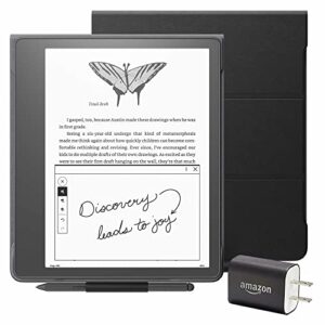 kindle scribe essentials bundle including kindle scribe (64 gb), premium pen, leather folio cover with magnetic attach – black, and power adapter