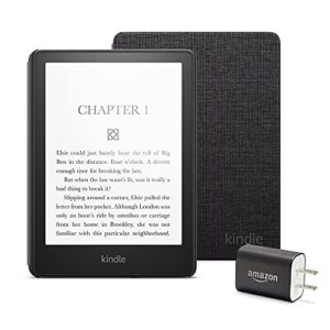kindle paperwhite essentials bundle including kindle paperwhite – wifi, ad-supported, amazon fabric cover, and power adapter