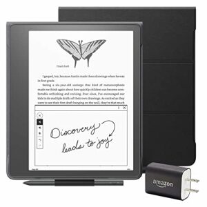 kindle scribe essentials bundle including kindle scribe (16 gb), basic pen, leather folio cover with magnetic attach – black, and power adapter