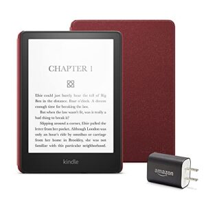 kindle paperwhite essentials bundle including kindle paperwhite – wifi, ad-supported, amazon leather cover, and power adapter