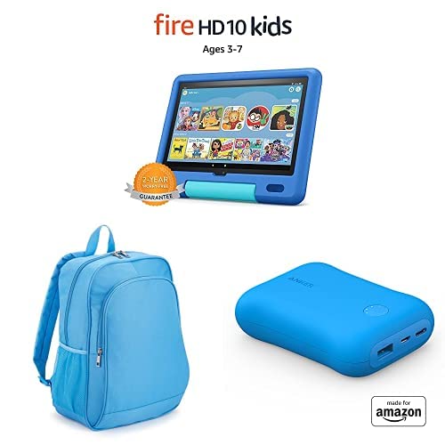 Fire HD 10 Kids Tablet, 10.1" HD (32GB, Sky Blue) with Backpack + Portable Charger