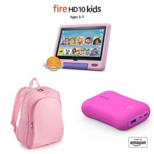 fire hd 10 kids tablet, 10.1″ hd (32gb, lavender) with backpack + portable charger