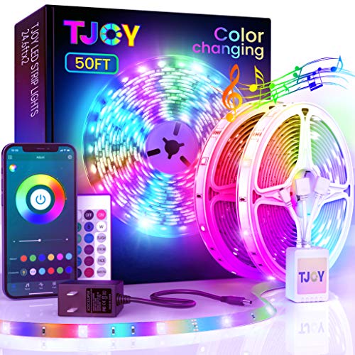 TJOY 50ft Bluetooth LED Strip Lights, Music Sync 5050 LED Light Strip RGB Color Changing LED Lights Strip with Phone Remote, LED Lights for Bedroom Kitchen TV Party TIKTOK DIY (APP+Remote +Mic)