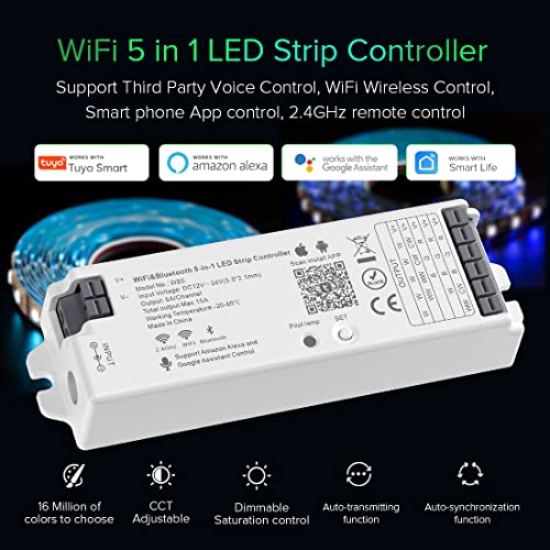 BTF-LIGHTING 5in1 WB5 2.4GHz WiFi LED Controller Compatible with Alexa Google Home Smart Life Tuya Smart APP Control for Monochrome CCT RGB RGBW RGBCCT LED Strip Match with B1 B2 B3 B4 etc Remote