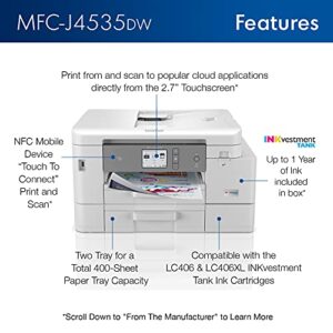 Brother MFC-J4535DW INKvestment-Tank All-in-One Color Inkjet Printer with NFC, Duplex and Wireless Printing Plus Up to 1-Year of Ink in-Box