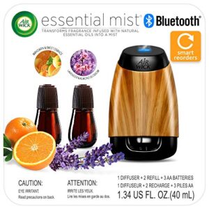air wick essential mist bluetooth starter kit, essential oil diffuser (diffuser + 2 refills), air freshener, lavender & almond blossom and mandarin & sweet orange scents