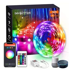 daybetter smart wifi led lights 50ft, tuya app controlled led strip lights, work with alexa and google assistant, timer schedule led lights strip, color changing led lights for bedroom party kitchen