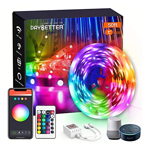 DAYBETTER Smart WiFi Led Lights 50ft, Tuya App Controlled Led Strip Lights, Work with Alexa and Google Assistant, Timer Schedule Led Lights Strip, Color Changing Led Lights for Bedroom Party Kitchen