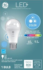 ge led+ color changing light bulbs, 18 colors & 5 light modes, no app or wi-fi required, remote included, a19 light bulb (1 pack)